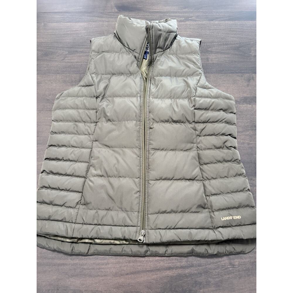 Lands End Olive Green Down Puffer Vest Size Med Quilted Outdoor Winter
